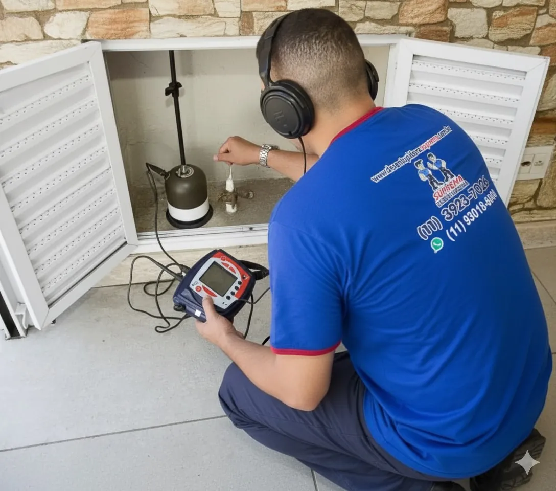 Técnico da Suprema localizando vazamento com geofone eletrônico